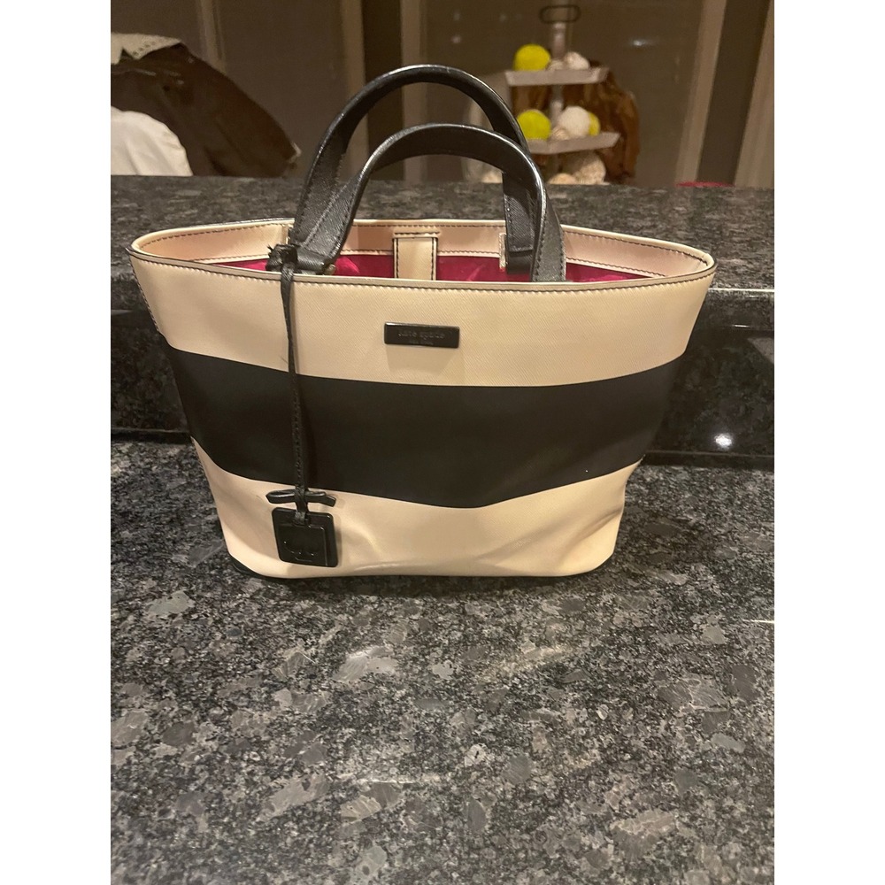 Kate Spade New York Striped Tote Bag Cream Black Saffiano Leather Pink Lining